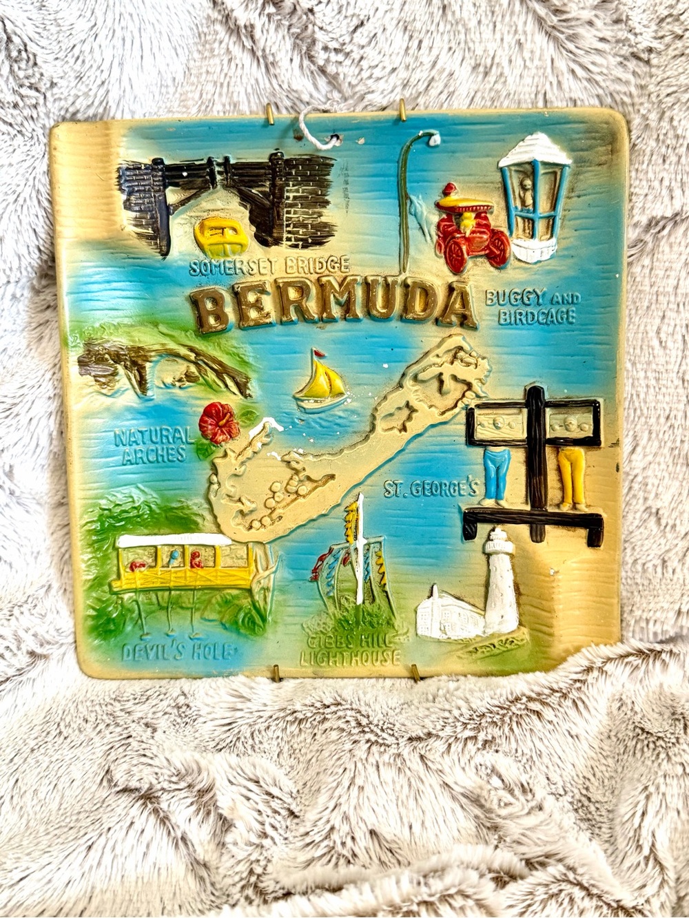 Vintage 1980s Bermuda Souvenir Wall Plaque - Colorful Island Map